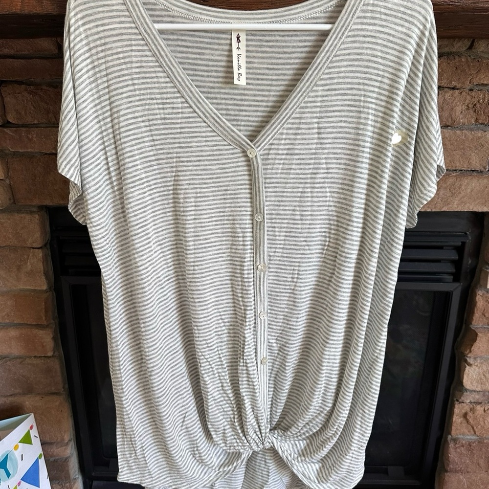 Striped Gray Button-Down Women Top